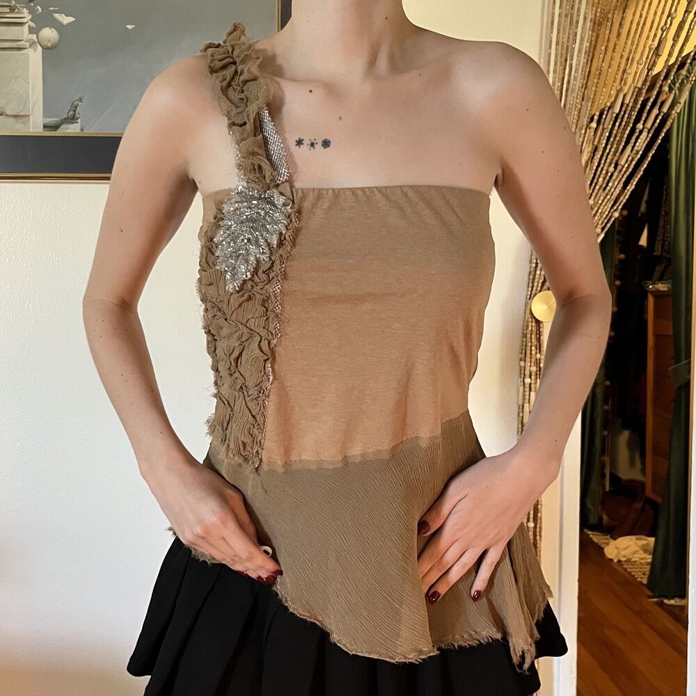 Fifi Collection Brown One Shoulder Flowy Beaded Trim Size S Boho Earthy Fairy